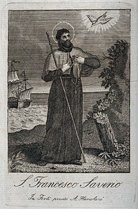 Saint Francis Xavier, visited by the Holy Ghost, in the form of a dove; sea and ship in the background. Engraving, 18--.