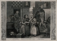 Moll Hackabout is greeted by the brothel keeper, Mother Needham; in the background Colonel Francis Charteris stands at a doorway. Engraving after William Hogarth.