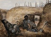 Maori warrior Reweti and a wounded comrade in the Gate Pa pits, 30 April 1864. Watercolour by H.G. Robley, 1864.