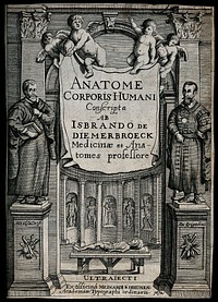 An anatomy theatre with statues of the anatomists Vesalius and Spigelius; a corpse on a table in the background. Engraving, 1672.