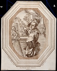 Pier Leone Ghezzi standing before his easel on which is placed an image of the Virgin Mary, and pointing out of the window towards a procession of priests. Etching by W.W. Ryland, 1762, after P.L. Ghezzi.