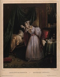 An anxious mother checking on her sleeping baby. Coloured lithograph by E. de Barescut after Lebot.