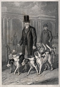 A man in a top hat walking his dogs. Etching by E. Hacker after E. Corbet.