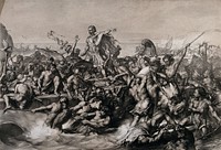 Caesar's first invasion of Britain: Caesar's boat is pulled to the shore while his soldiers fight the resisting indigenous warriors. Lithograph by W. Linnell after E. Armitage.