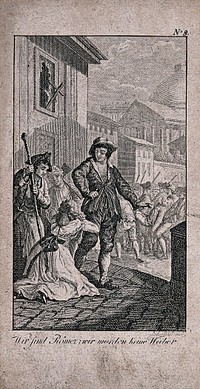 The widow of a murdered French envoy in Rome pleading for her life: a man tells her "We are Romans, we do not kill women". Etching after J.D. Schubert.