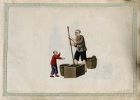 A man pounding tea leaves down into a large wooden box with a large pestle, watched by a small boy. Painting by a Chinese artist, ca. 1850.