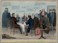 Introduced by the Duke of Wellington, John Bull and Sir Robert Peel interrupt a dinner table occupied by government ministers and Lord Melbourne. Coloured lithograph by H.B. (John Doyle), 1838.
