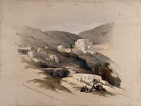 Ruins of the church of St. George at Ludd. Coloured lithograph by Louis Haghe after David Roberts, 1843.