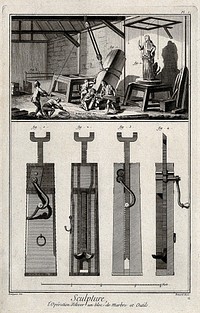 A marble block being raised in a sculptor's workshop, with four lifting jacks. Engraving by R. Bénard after P. Falconet and Bourgeois.