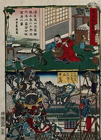 Above, Lo Xuegu, a Chinese painter, shown seated in front of his artist's materials, playing a lute-like instrument and singing, while his dog dances; below, an attempt to photograph a Niō (Buddhist diety), who is watched with amusement by a fellow Niō. Colour woodcut by Kyōsai, ca. 1870.