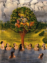 Krishna seated in a tree above a river with the gopis' clothes and making the gopis plead for their garments. Chromolithograph.