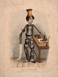 A man comprised of pharmaceutical equipment. Coloured lithograph, 1830.