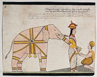 Prince Vessantara offers an elephant to the seven brahmins from Kalinga. Watercolour.
