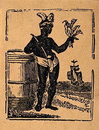 A black man (Native American) leans on a barrel while holding a pipe and tobacco leaves. Wood-engraving, mid-19th century.