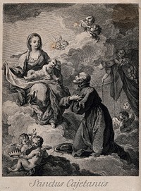 Saint Gaetano kneeling, looking up at the Virgin and the infant Christ seated on a cloud amid cherubs; cherubs holding a crown in the foreground. Engraving by F. Bartolozzi, 17--.