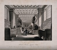 The British Museum: the Egyptian Room, with visitors. Engraving by Radclyffe after B. Sly, 1844.