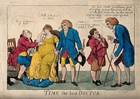 A group of physicians wrongly diagnosing the case of a pregnant woman. Coloured etching by I. Cruikshank, 1803.