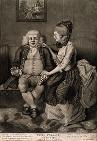 Paulo Purganti, a physician shrinking from his wife's caresses. Mezzotint.