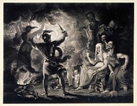 Witchcraft: Macbeth seeing the three witches, with other horrifying visions. Etching after J. Reynolds, ca. 1786-1790, after W. Shakespeare.