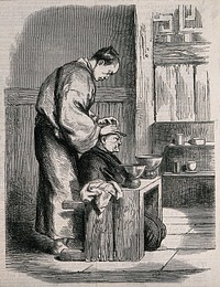 A barber dressing a seated man's hair. Wood engraving.