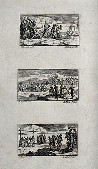 Three illustrations of Roman military punishment: banishment, degrading punishment, and freemen degraded and sold into slavery. Etchings by A.M.I. after W. Hogarth.