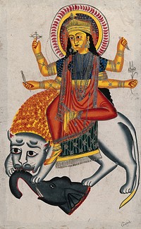 Durga riding on her lion killing a demon. Watercolour drawing.