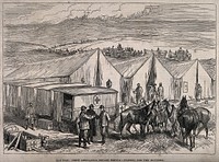 Russo-Turkish War: field hospital and ambulances waiting for the wounded. Wood engraving, 1877.