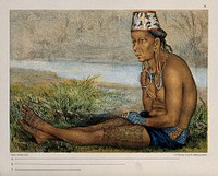 Borneo: a Dayak  woman, seated. Coloured lithograph by C.F. Kell after Carl Bock.