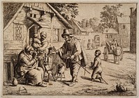 A vendor of spectacles showing his wares to a woman at her spinning wheel, while her family look on. Etching by D. Deuchar after A. van Ostade.