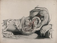 The circulatory system: dissection of the abdomen and pelvic region of a woman, side view, showing the intestines and bladder , with the arteries indicated in red. A pair of surgical scissors are shown below. Coloured lithograph by J. Maclise, 1841/1844.