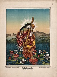 Sarasvati with a musical instrument, sitting on a lotus on the river. Chromolithograph.