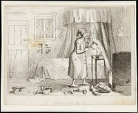 A man in bedclothes prising insects  off his bed-curtains with a fork into a saucepan. Etching by T.L. Busby, ca. 1826.