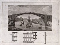 Civil engineering: the iron bridge at Coalbrookdale, with a ship sailing beneath. Engraving.