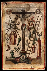 Christ on the Cross and the Instruments of the Passion. Coloured etching.