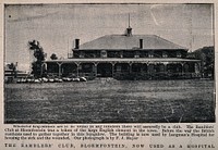 Boer War: a military hospital building at Bloemfontein, South Africa. Halftone, c. 1900, after F. Mayer.