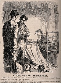 A doctor asking his patients husband how she is, he replies (amidst a devasted room) that he's not sure but she certainly has a temper. Wood engraving by H ..., 1904.