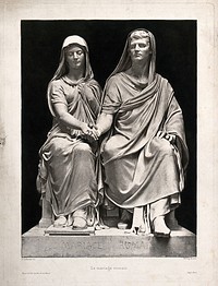 A Roman married couple sit together holding hands. Heliogravure by P. Arents after E. Guillaume.