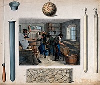 Four men are working with moulds for candle-making. Coloured etching.