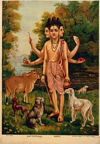 Dattātreya with his four dogs and cow. Chromolithograph by R. Varma.