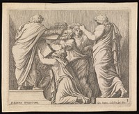 The books of rituals compiled by Numa Pompilius being handed over to the people. Etching by G.B. Galestruzzi after Polidoro da Caravaggio.