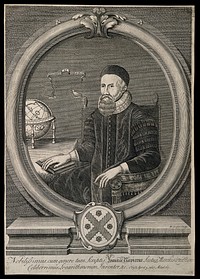 John Napier, seated, wearing a skull cap, his right hand resting on an open book. Line engraving by R. Cooper.