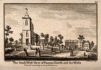 St Pancras Wells, King's Cross, London: view showing St Pancras church, and the Wells in the background. Engraving by J. Roberts after J.B.C. Chatelain.