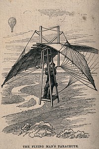 A man flying in a frame with wings attached and covering him; in the distance, a balloon. Wood engraving, 1874 .