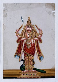 Kartikeya, also called Murugan, Hindu god of war, standing in front of a peacock and holding a spear. Gouache painting by an Indian artist.