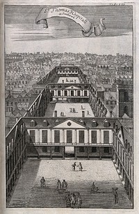 Old St. Thomas's Hospital, Southwark: a bird's-eye view looking east over the three courtyards. Engraving.