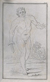 A man with a dagger or foreshortened sword. Line engraving by J. Tinney, 1743.