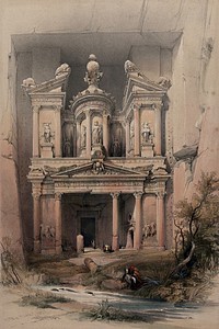 El Khasnè, Petra. Coloured lithograph by Louis Haghe after David Roberts, 1849.