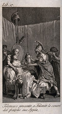 Telemachus presents Falantus with the ashes of his brother Hippias. Etching.