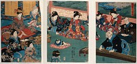A blind musician plays the koto to a gathering of women dressed in ornate kimonos. Coloured woodcut by Kuniyoshi, 1849/1852.