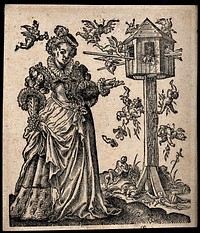 A sumptuously dressed lady gestures towards a mid-air battle between winged fools; small injured figures fall from a bird-house like edifice. Woodcut by Tobias Stimmer, 1580.